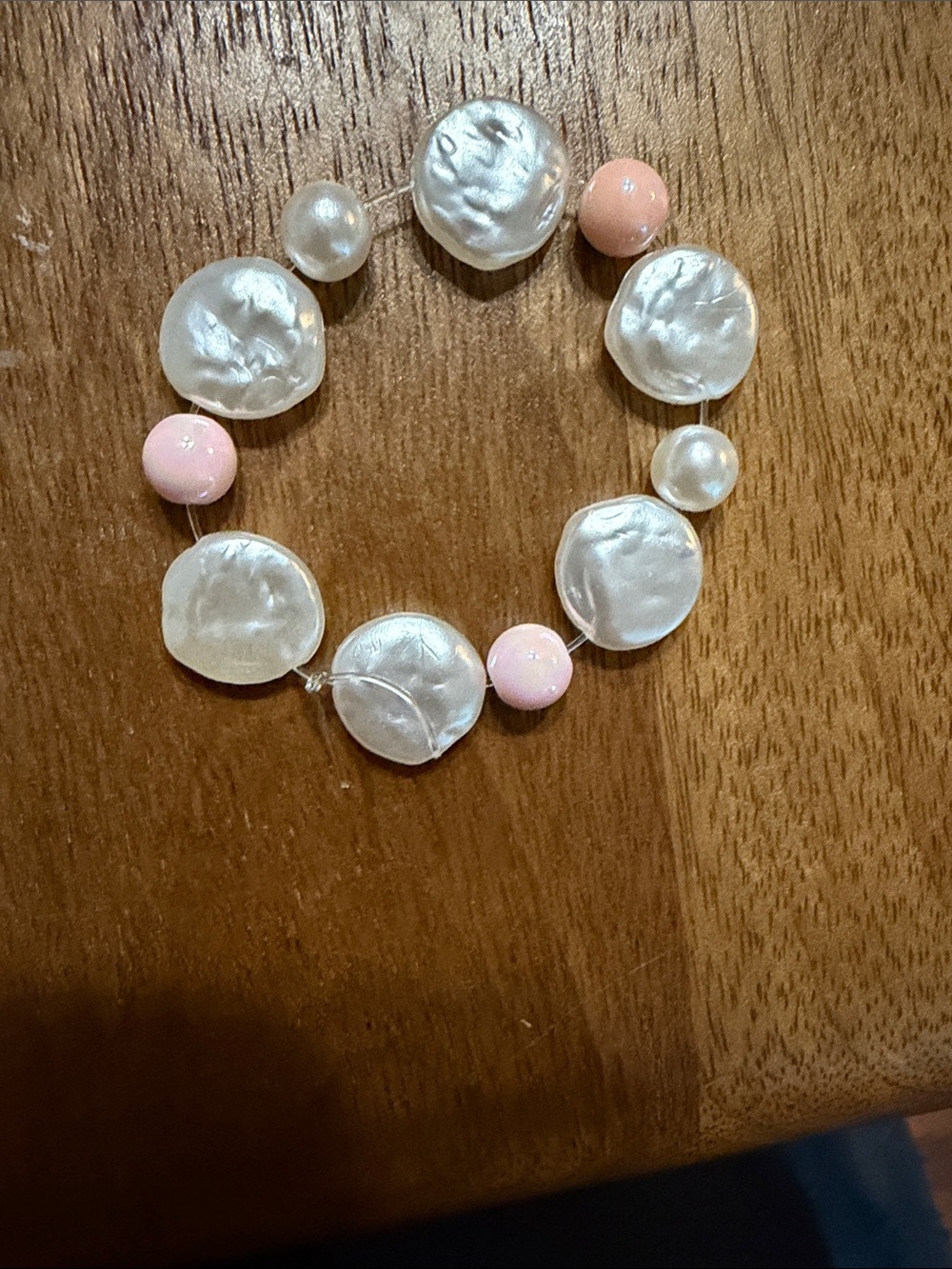 Handmade White Pearl and Pink Bead Stretch Bracelet